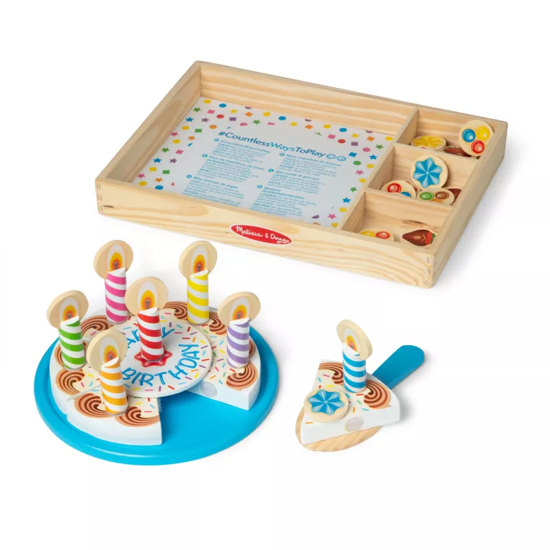 Melissa & Doug Geburtstagsparty-Kuchen – Holzspielzeug-Lebensmittel mit Mischanpassungs-Dekorationen und 7 Kerzen