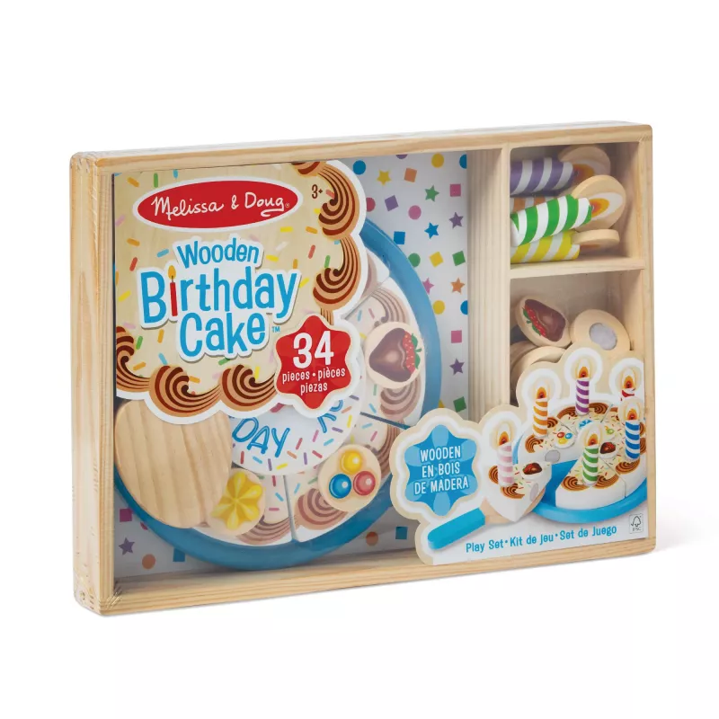 Melissa & Doug Geburtstagsparty-Kuchen – Holzspielzeug-Lebensmittel mit Mischanpassungs-Dekorationen und 7 Kerzen
