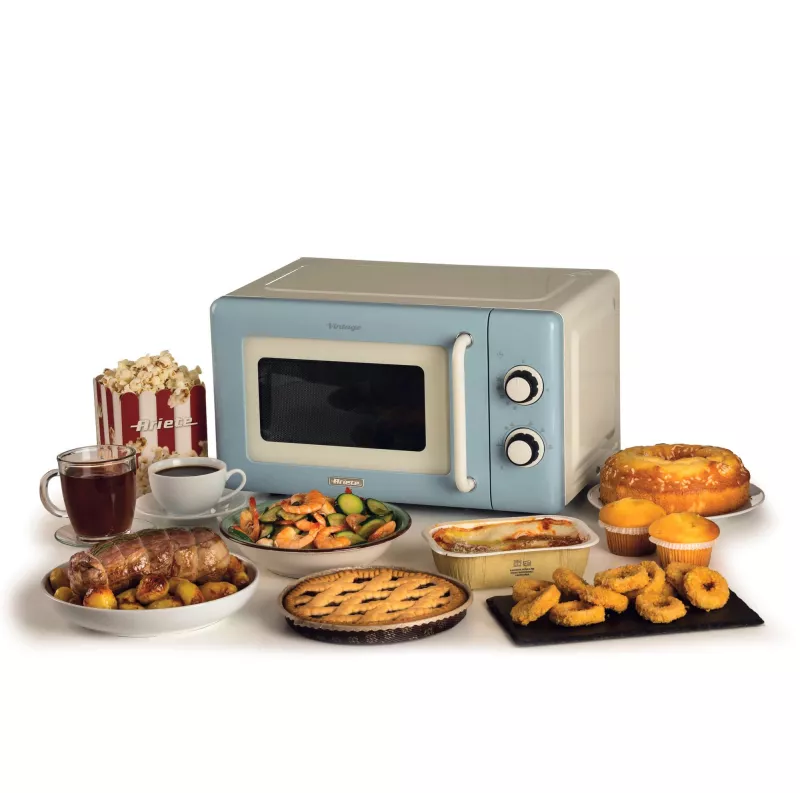 Ariete Vintage Line 3960 Vintage Mikrowelle, 800 W, 20 l Fassungsvermögen, 3 Funktionen, 5 Kochstufen, Timer, Blau