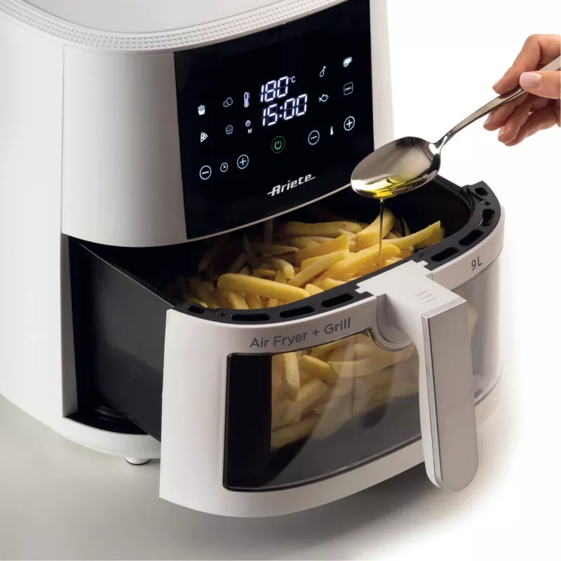Ariete 4630 Heißluftfritteuse 9L, 1300W, Fassungsvermögen 9L, Garkapazität 2,5kg, 8 voreingestellte Programme, Temperatur bis zu 200°, transparenter Korb zur Garfortschrittskontrolle, Weiß