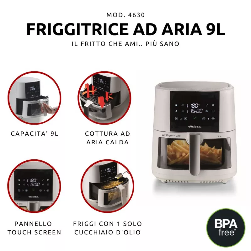 Ariete 4630 Heißluftfritteuse 9L, 1300W, Fassungsvermögen 9L, Garkapazität 2,5kg, 8 voreingestellte Programme, Temperatur bis zu 200°, transparenter Korb zur Garfortschrittskontrolle, Weiß