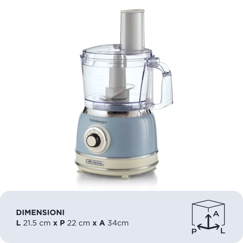 Küchenmaschine ARIETE Vintage Line 1781/05 — 1000 W, 2,1-L-Schüssel, Drehregler, Edelstahlmesser, blau