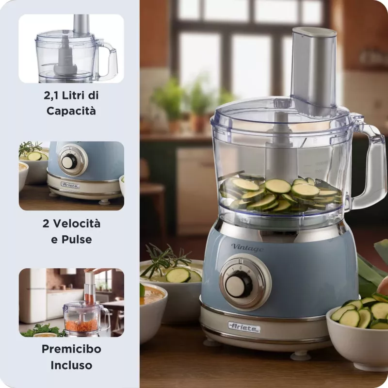 Küchenmaschine ARIETE Vintage Line 1781/05 — 1000 W, 2,1-L-Schüssel, Drehregler, Edelstahlmesser, blau
