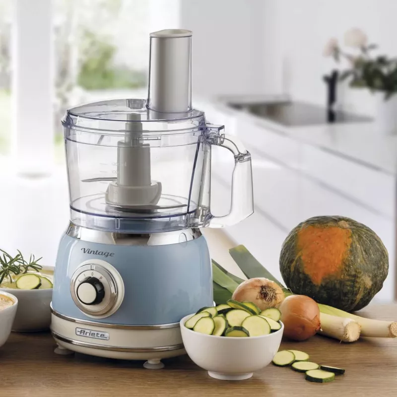 Küchenmaschine ARIETE Vintage Line 1781/05 — 1000 W, 2,1-L-Schüssel, Drehregler, Edelstahlmesser, blau