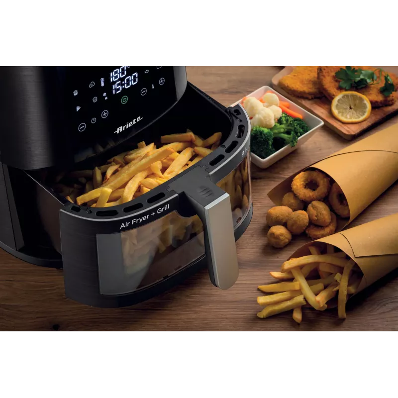 Ariete 4630 Heißluftfritteuse 9L, 1300W, Fassungsvermögen 9L, Gargutmenge 2,5 kg, 8 voreingestellte Programme, Temperatur bis zu 200 °C, transparenter Korb für Kochkontrolle, Schwarz