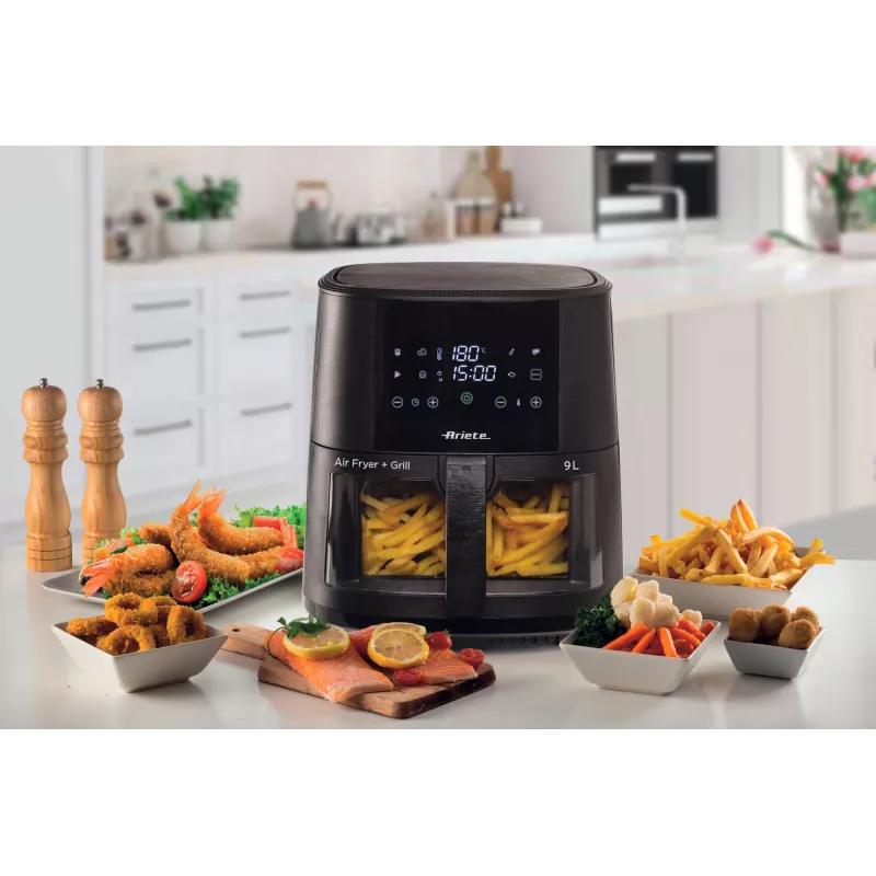 Ariete 4630 Heißluftfritteuse 9L, 1300W, Fassungsvermögen 9L, Gargutmenge 2,5 kg, 8 voreingestellte Programme, Temperatur bis zu 200 °C, transparenter Korb für Kochkontrolle, Schwarz