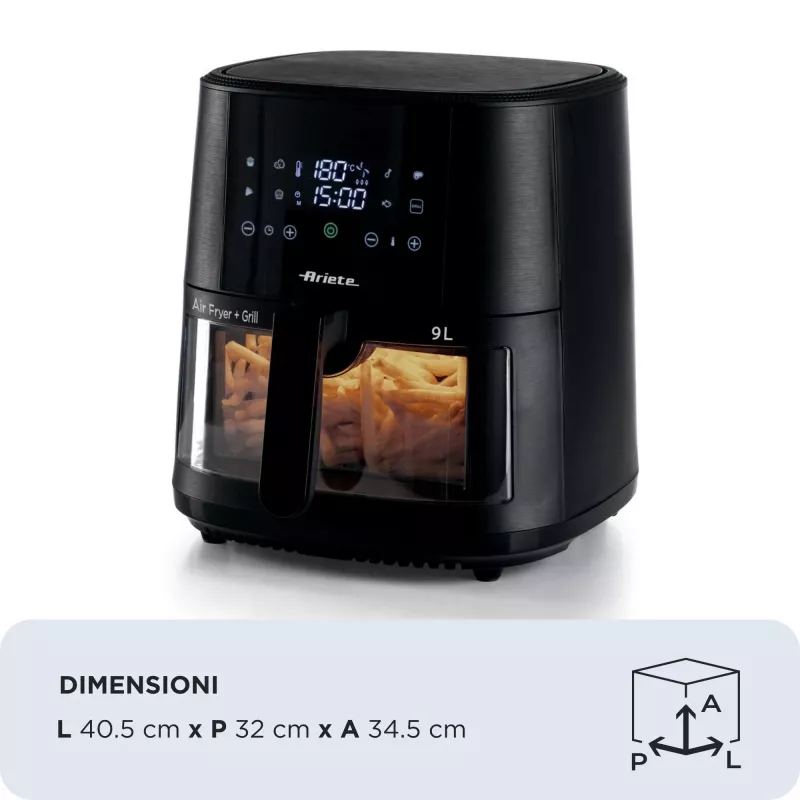 Ariete 4630 Heißluftfritteuse 9L, 1300W, Fassungsvermögen 9L, Gargutmenge 2,5 kg, 8 voreingestellte Programme, Temperatur bis zu 200 °C, transparenter Korb für Kochkontrolle, Schwarz