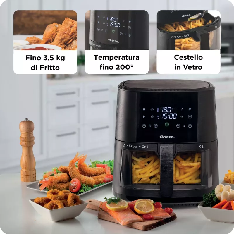 Ariete 4630 Heißluftfritteuse 9L, 1300W, Fassungsvermögen 9L, Gargutmenge 2,5 kg, 8 voreingestellte Programme, Temperatur bis zu 200 °C, transparenter Korb für Kochkontrolle, Schwarz