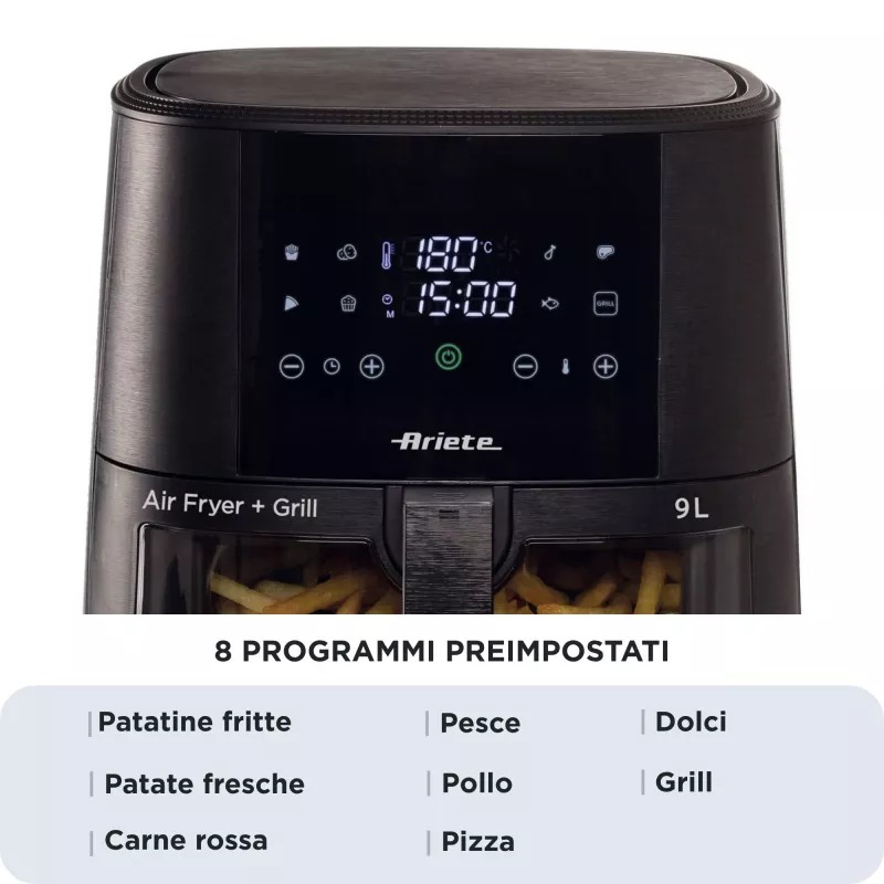 Ariete 4630 Heißluftfritteuse 9L, 1300W, Fassungsvermögen 9L, Gargutmenge 2,5 kg, 8 voreingestellte Programme, Temperatur bis zu 200 °C, transparenter Korb für Kochkontrolle, Schwarz