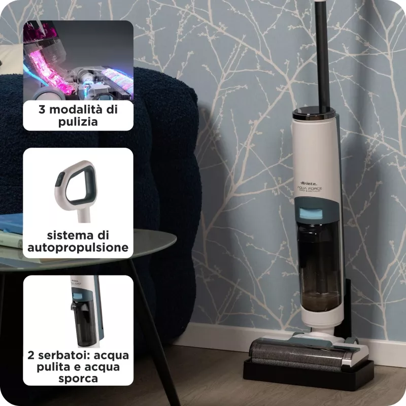Ariete 2483 Aqua Force Wash & Vacuum, smarter Staubsauger, kabelloser Bodenreiniger, Akku, saugt und wischt, Tierhaare, trockener und nasser Schmutz, 700 ml Fassungsvermögen, Zubehör inklusive