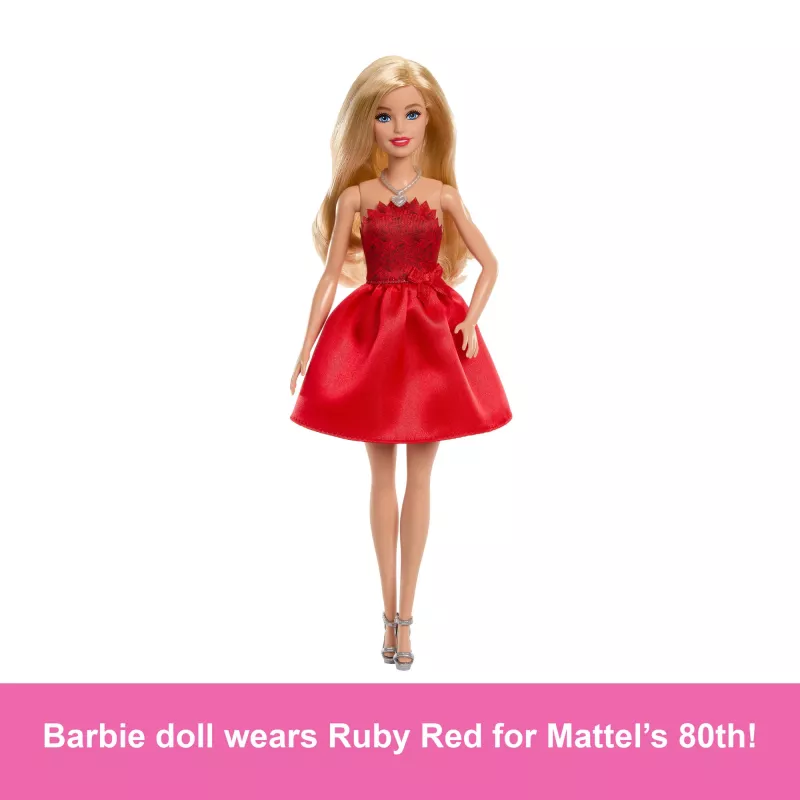 Barbie Mattel 80. Jubiläum Rubinrote Jubiläums-Modepuppe mit rotem Kleid und Accessoires