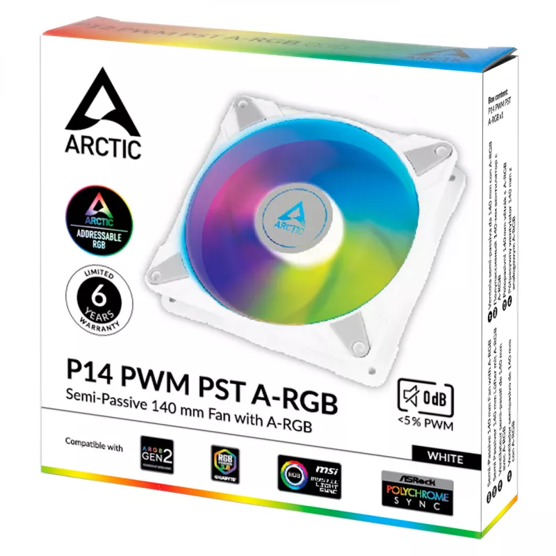 ARCTIC P14 PWM PST A-RGB - Semi-passiver 140-mm-Gehäuselüfter mit digitalem A-RGB in Weiß