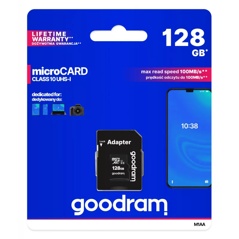 MicroSDXC Flash-Speicher GOODRAM 128GB UHS‑I Class 10 (Lesen 100 MB/s, Schreiben 10 MB/s) mit SD-Adapter