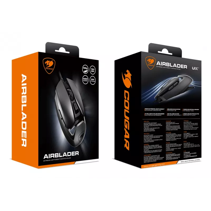 COUGAR Gaming-Maus AirBlader, Kabelgebunden, Schwarz, Optisch, USB Typ-A, 16000 DPI, Schwarz