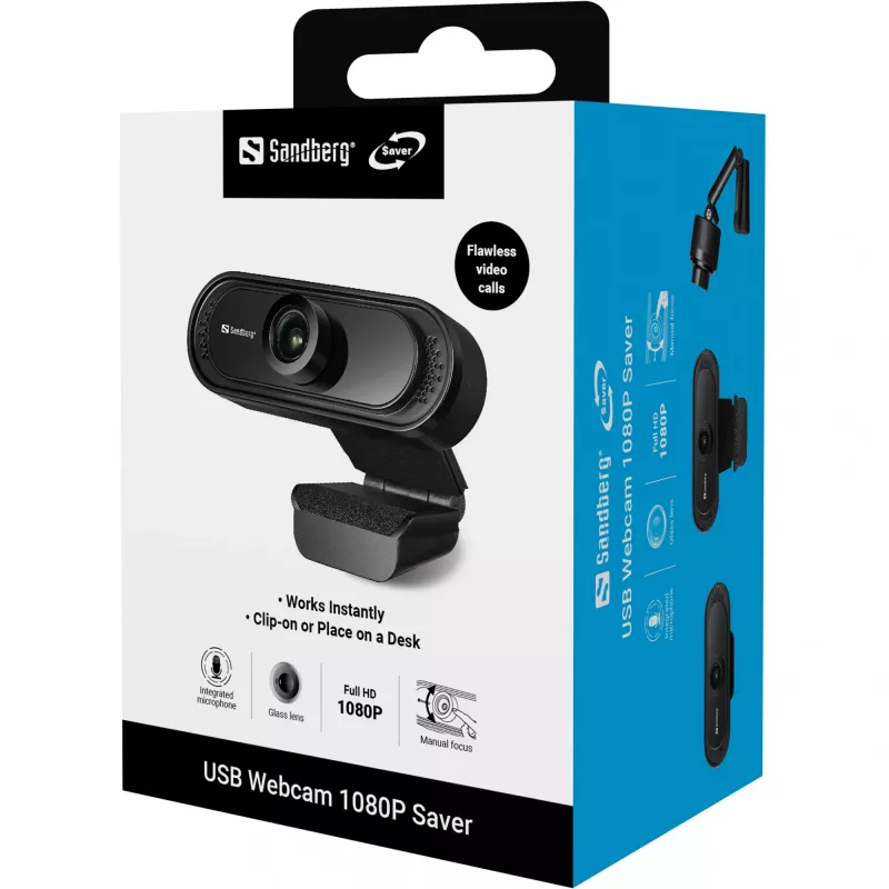 Sandberg USB-Webcam 1080P Saver, 2 MP, 1920 x 1080 Pixel, Full HD, 30 fps, 1920x1080@30fps, 1080p