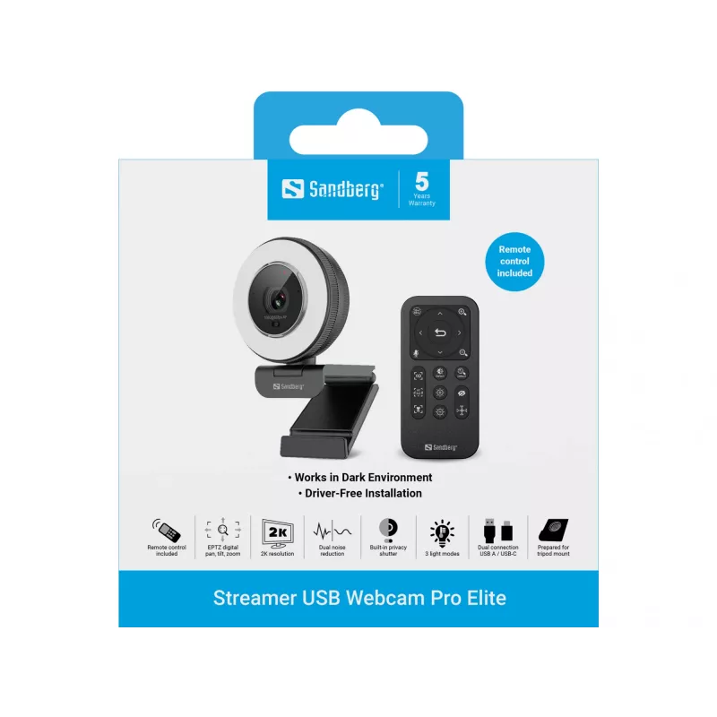 Sandberg Streamer USB Webcam Pro Elite 2560x1440 60fps Schwarz