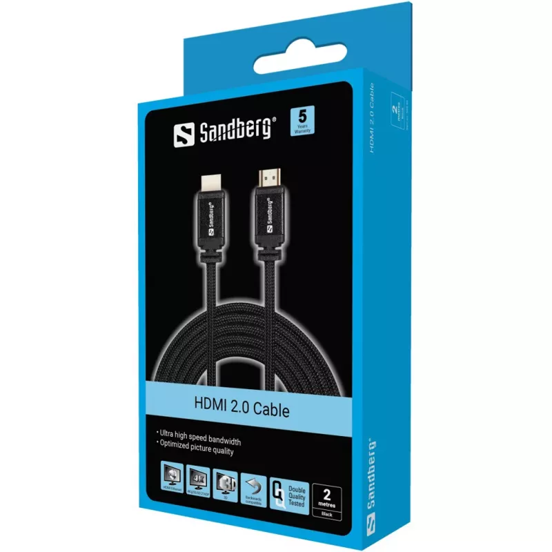 Sandberg HDMI 2.0 Kabel 19M-19M, 2 m, HDMI Type A (Standard), HDMI Type A (Standard), Schwarz