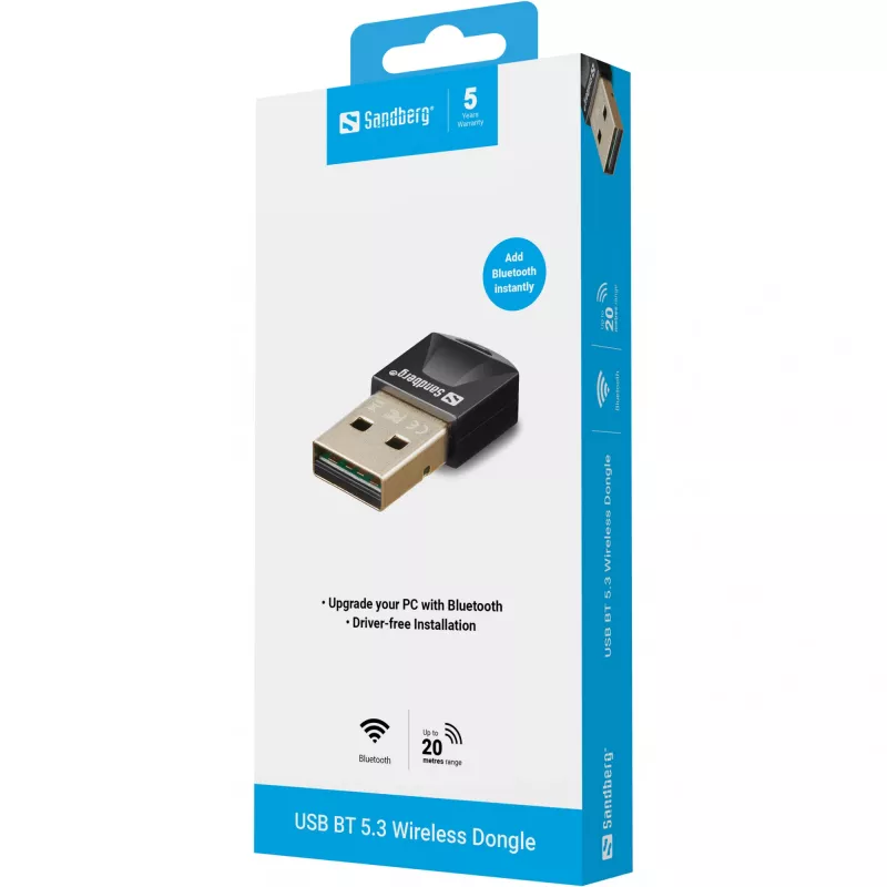 Sandberg USB BT 5.3 Wireless Dongle, Wireless, USB, Bluetooth, 3 Mbit/s, Schwarz