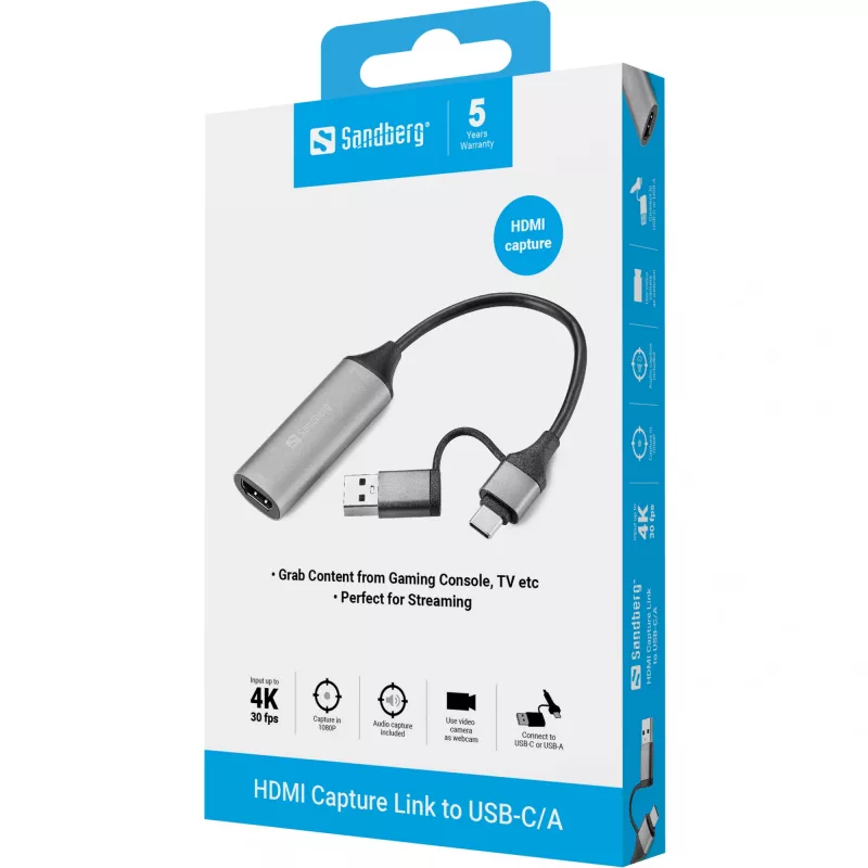 Sandberg HDMI Capture Link auf USB-C/A, HDMI Typ A (Standard), USB Typ-A + USB Typ-C, Buchse, Stecker, Gerade, Gerade
