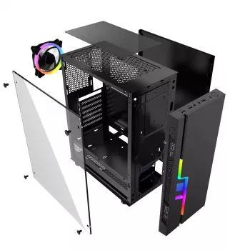 PC-Gehäuse GEMBIRD Fornax 2000 RGB Midi Tower Schwarz — Micro ATX/ITX/ATX, 1x120mm Hecklüfter, 2x2,5-Zoll-Laufwerksschächte, 2x3.0 USB-A, Gehärtetes Glas