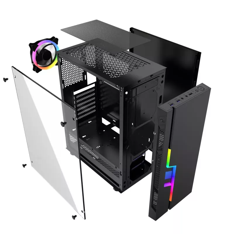 PC-Gehäuse GEMBIRD Fornax 2000 RGB Midi Tower Schwarz — Micro ATX/ITX/ATX, 1x120mm Hecklüfter, 2x2,5-Zoll-Laufwerksschächte, 2x3.0 USB-A, Gehärtetes Glas