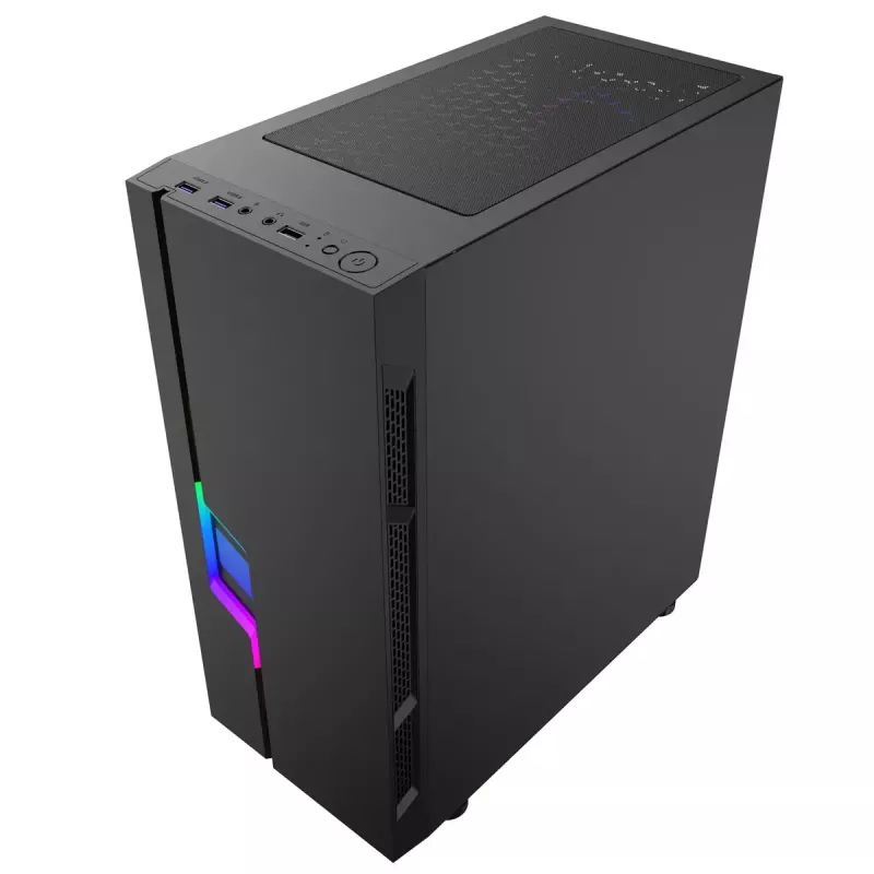 PC-Gehäuse GEMBIRD Fornax 2000 RGB Midi Tower Schwarz — Micro ATX/ITX/ATX, 1x120mm Hecklüfter, 2x2,5-Zoll-Laufwerksschächte, 2x3.0 USB-A, Gehärtetes Glas