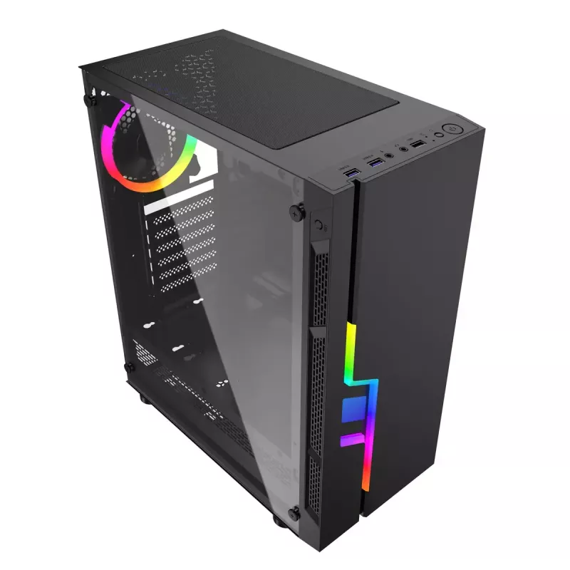 PC-Gehäuse GEMBIRD Fornax 2000 RGB Midi Tower Schwarz — Micro ATX/ITX/ATX, 1x120mm Hecklüfter, 2x2,5-Zoll-Laufwerksschächte, 2x3.0 USB-A, Gehärtetes Glas