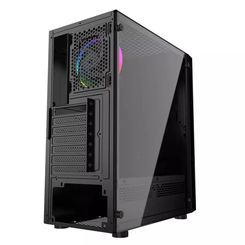 PC-Gehäuse GEMBIRD Fornax 2000 RGB Midi Tower Schwarz — Micro ATX/ITX/ATX, 1x120mm Hecklüfter, 2x2,5-Zoll-Laufwerksschächte, 2x3.0 USB-A, Gehärtetes Glas