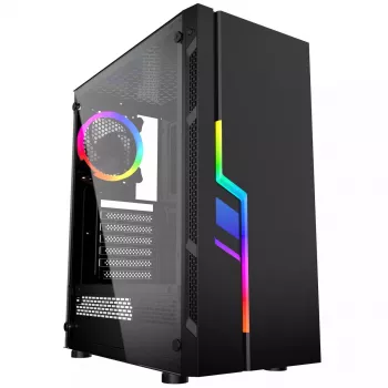 PC-Gehäuse GEMBIRD Fornax 2000 RGB Midi Tower Schwarz — Micro ATX/ITX/ATX, 1x120mm Hecklüfter, 2x2,5-Zoll-Laufwerksschächte, 2x3.0 USB-A, Gehärtetes Glas
