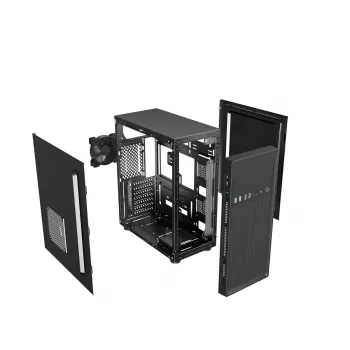 PC-Gehäuse GEMBIRD Fornax 160 Mini Tower – Schwarz, SPCC, unterstützt ITX/mATX/ATX, 1×3,5 Zoll + 3×2,5 Zoll Einschübe, 7 Erweiterungssteckplätze, 445×185×390 mm
