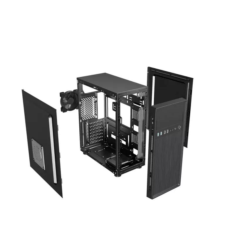 PC-Gehäuse GEMBIRD Fornax 160 Mini Tower – Schwarz, SPCC, unterstützt ITX/mATX/ATX, 1×3,5 Zoll + 3×2,5 Zoll Einschübe, 7 Erweiterungssteckplätze, 445×185×390 mm