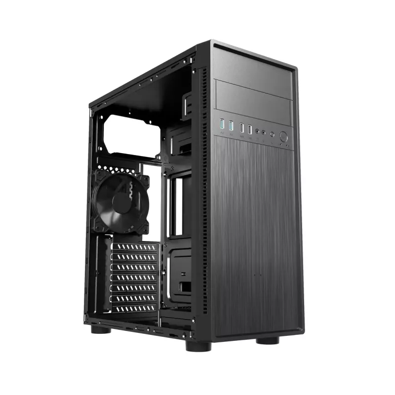 PC-Gehäuse GEMBIRD Fornax 160 Mini Tower – Schwarz, SPCC, unterstützt ITX/mATX/ATX, 1×3,5 Zoll + 3×2,5 Zoll Einschübe, 7 Erweiterungssteckplätze, 445×185×390 mm