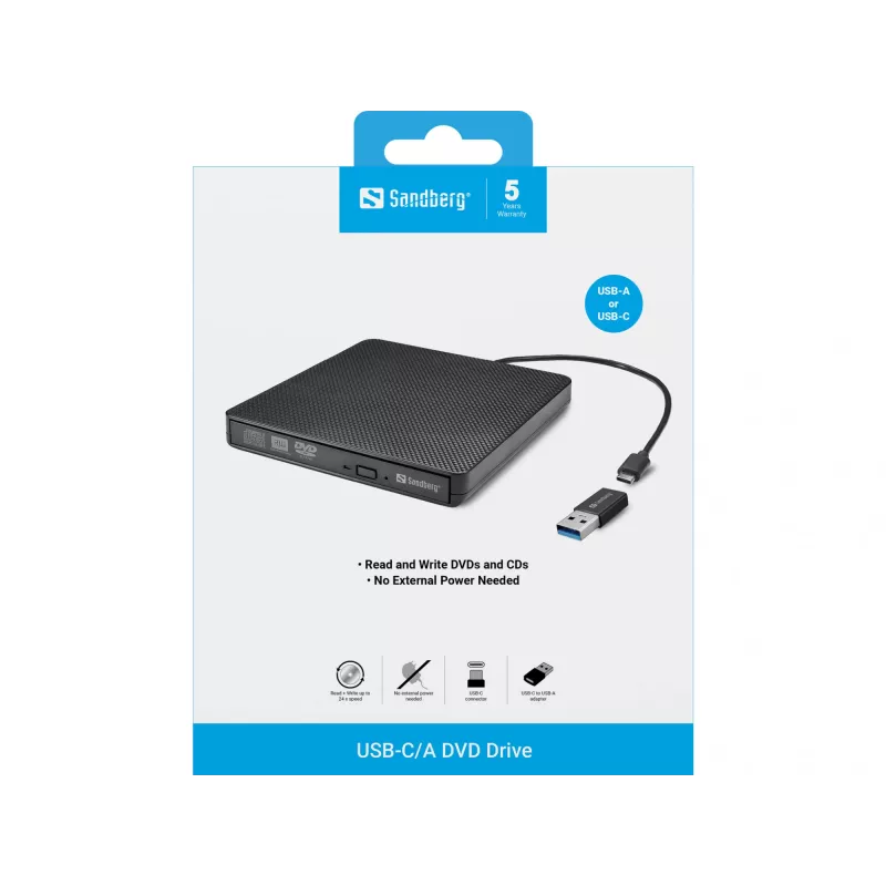 Sandberg USB-C/A DVD-Laufwerk, Schwarz, Tray, Desktop/Laptop, DVD Super Multi DL, USB Type-C, CD-R, CD-ROM, CD-RW, DVD+R DL, DVD-R, DVD-R DL, DVD-RAM, DVD-ROM, DVD-RW
