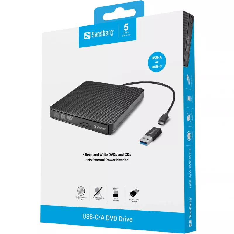 Sandberg USB-C/A DVD-Laufwerk, Schwarz, Tray, Desktop/Laptop, DVD Super Multi DL, USB Type-C, CD-R, CD-ROM, CD-RW, DVD+R DL, DVD-R, DVD-R DL, DVD-RAM, DVD-ROM, DVD-RW