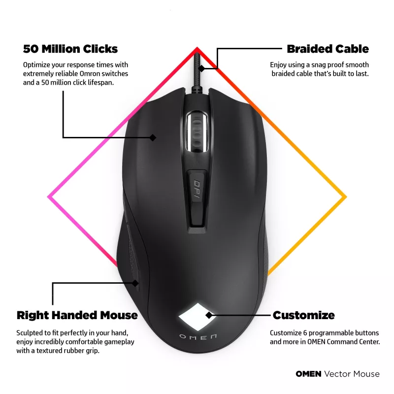 HP OMEN Vector Maus, Rechtshänder, IR-LED, USB Typ-A, 16000 DPI, 1 ms, Schwarz