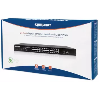 Intellinet 24-Port Gigabit Ethernet Switch mit 2 SFP-Ports, 24 x 10/100/1000 Mbit/s RJ45-Ports + 2 x SFP, IEEE 802.3az (Energy Efficient Ethernet), 19-Zoll-Rackmount, Metall