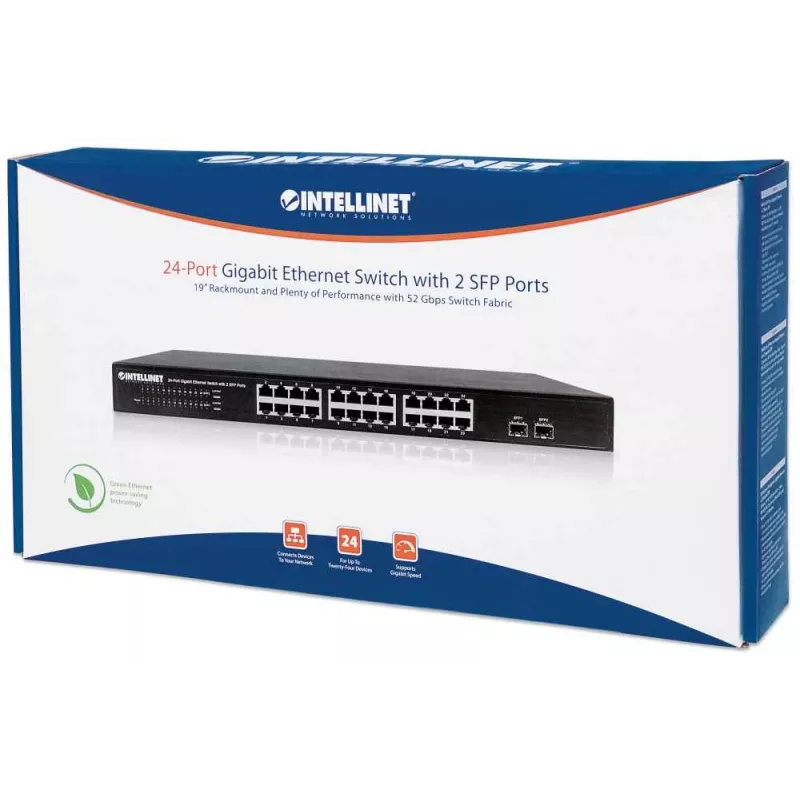 Intellinet 24-Port Gigabit Ethernet Switch mit 2 SFP-Ports, 24 x 10/100/1000 Mbit/s RJ45-Ports + 2 x SFP, IEEE 802.3az (Energy Efficient Ethernet), 19-Zoll-Rackmount, Metall