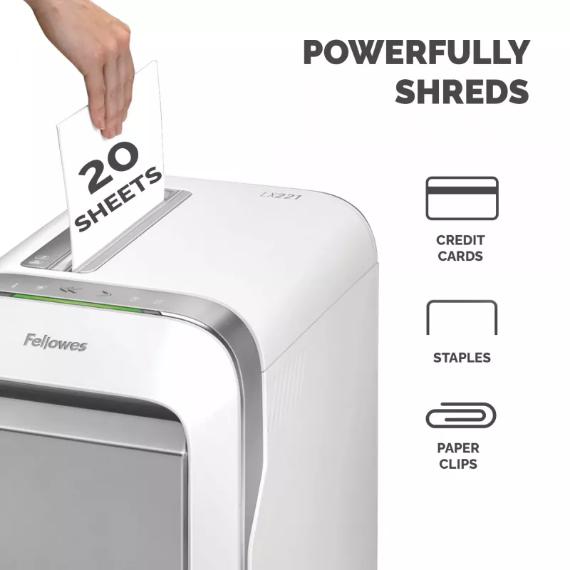 Fellowes LX Series Aktenvernichter LX221 20 Blatt Mikroschnitt-Aktenvernichter mit 30-Liter-Auszugsbehälter Höchste Sicherheit P5 Weiß