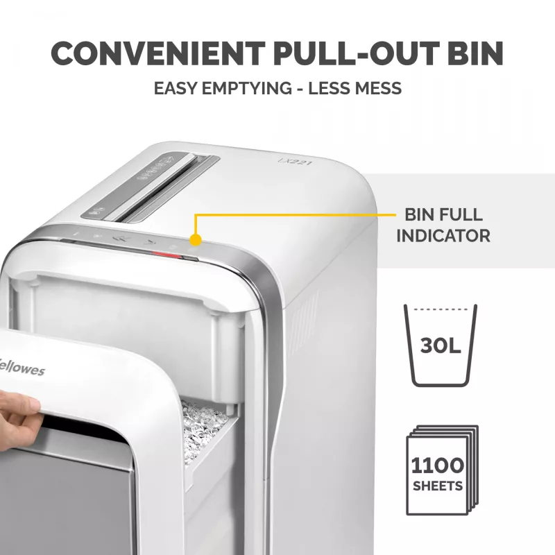 Fellowes LX Series Aktenvernichter LX221 20 Blatt Mikroschnitt-Aktenvernichter mit 30-Liter-Auszugsbehälter Höchste Sicherheit P5 Weiß