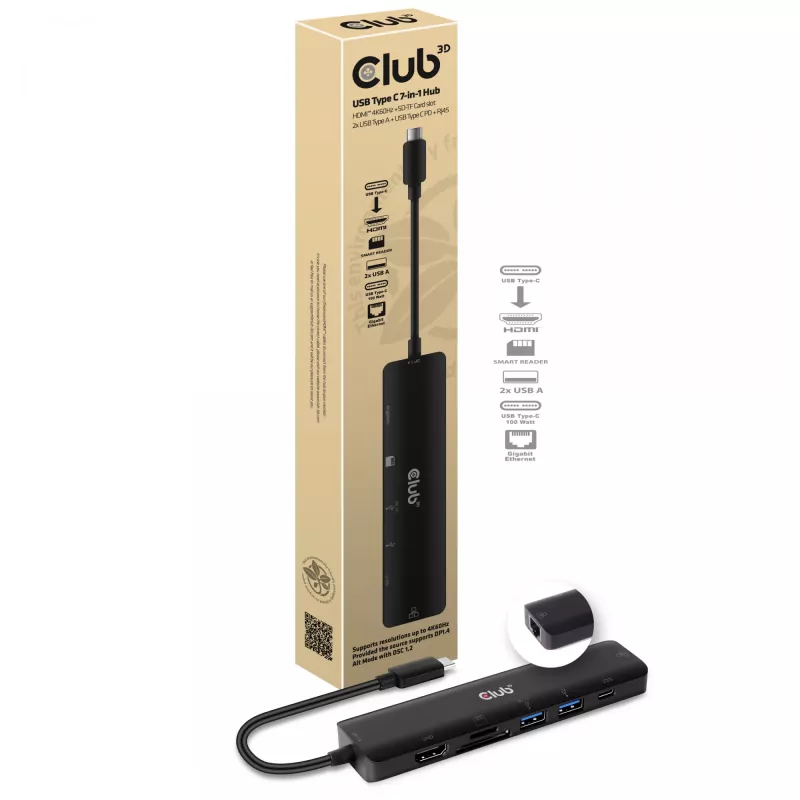CLUB3D USB-C 7-in-1 Hub HDMI 4K60Hz SD TF Kartenslot 2x USB Typ A USB Typ C PD RJ45 Funktioniert mit Thunderbolt 3