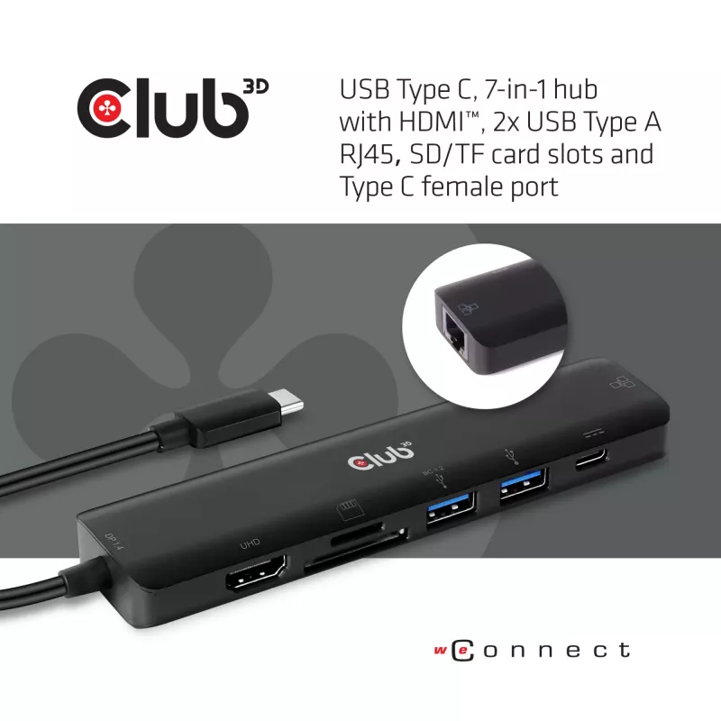 CLUB3D USB-C 7-in-1 Hub HDMI 4K60Hz SD TF Kartenslot 2x USB Typ A USB Typ C PD RJ45 Funktioniert mit Thunderbolt 3