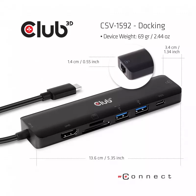 CLUB3D USB-C 7-in-1 Hub HDMI 4K60Hz SD TF Kartenslot 2x USB Typ A USB Typ C PD RJ45 Funktioniert mit Thunderbolt 3