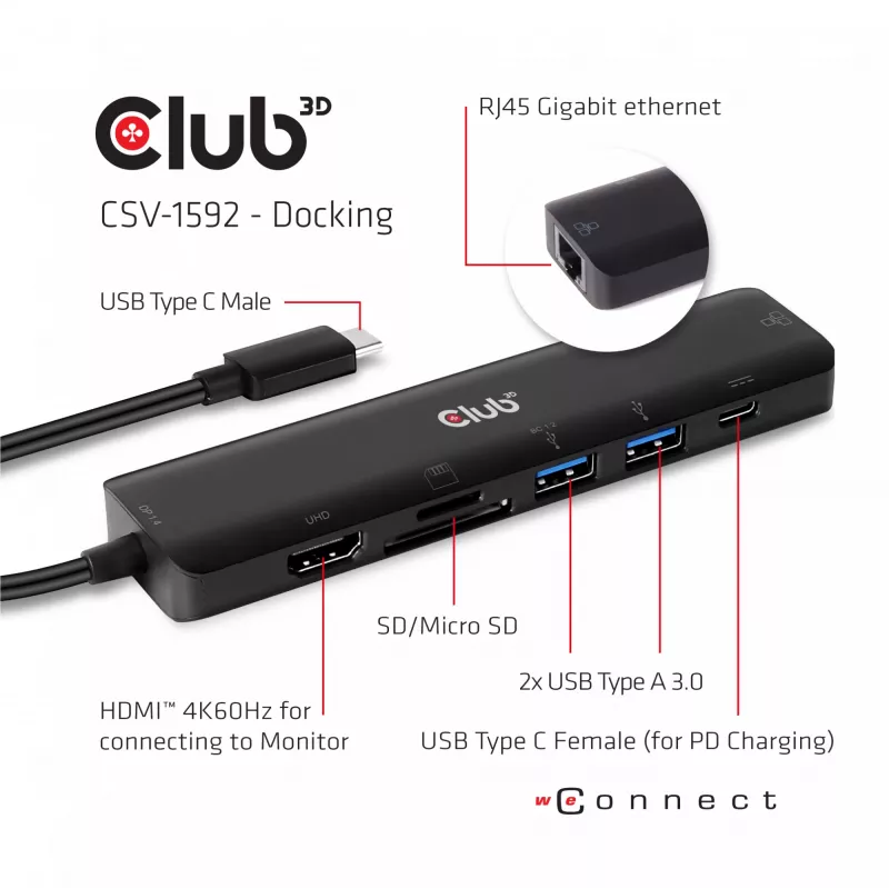 CLUB3D USB-C 7-in-1 Hub HDMI 4K60Hz SD TF Kartenslot 2x USB Typ A USB Typ C PD RJ45 Funktioniert mit Thunderbolt 3