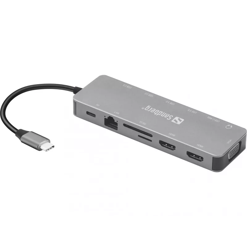 Sandberg USB-C 13-in-1 Travel Dock, USB Type-C, 100 W Power Delivery, Ethernet 1000 Mbit/s