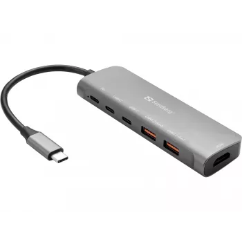 Sandberg USB-C Dock HDMI + 2xUSB-A + 2xUSB-C + PD100W, Kabelgebunden, USB 3.2 Gen 1 (3.1 Gen 1) Typ-C, 100 W, Aluminium, 4K Ultra HD, 3840 x 2160 Pixel