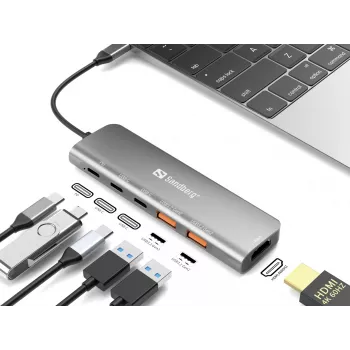Sandberg USB-C Dock HDMI + 2xUSB-A + 2xUSB-C + PD100W, Kabelgebunden, USB 3.2 Gen 1 (3.1 Gen 1) Typ-C, 100 W, Aluminium, 4K Ultra HD, 3840 x 2160 Pixel