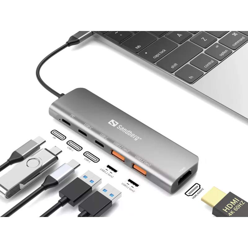 Sandberg USB-C Dock HDMI + 2xUSB-A + 2xUSB-C + PD100W, Kabelgebunden, USB 3.2 Gen 1 (3.1 Gen 1) Typ-C, 100 W, Aluminium, 4K Ultra HD, 3840 x 2160 Pixel
