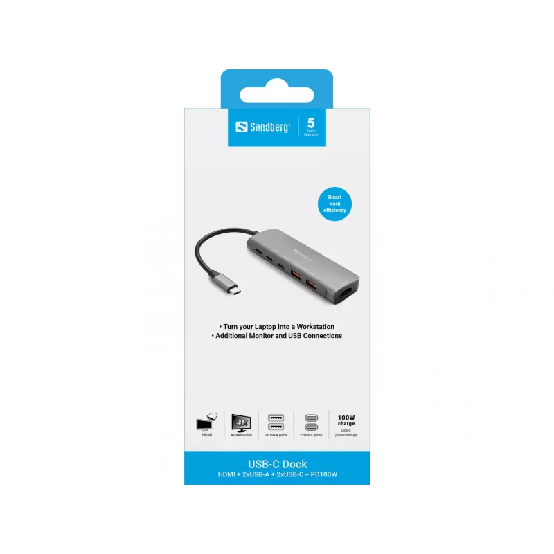 Sandberg USB-C Dock HDMI + 2xUSB-A + 2xUSB-C + PD100W, Kabelgebunden, USB 3.2 Gen 1 (3.1 Gen 1) Typ-C, 100 W, Aluminium, 4K Ultra HD, 3840 x 2160 Pixel