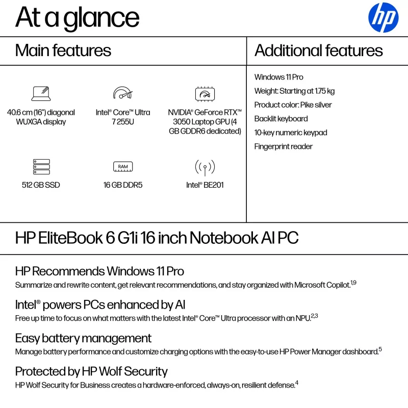 HP EliteBook 6 G1i Intel Core Ultra 7 255U Laptop 40,6 cm (16 Zoll) WUXGA 16 GB DDR5-SDRAM Wi-Fi 7 (802.11be) Windows 11 Pro AI PC Silber