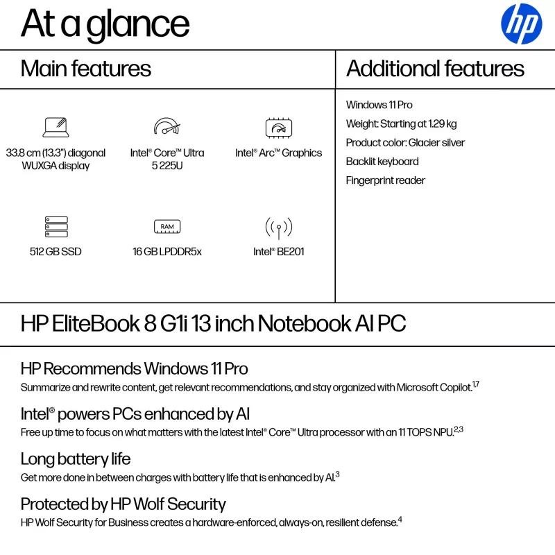 HP EliteBook 8 G1i AI Intel Core Ultra 5 225U Laptop 33,8 cm (13,3 Zoll) WUXGA 16 GB LPDDR5x-SDRAM Wi-Fi 7 (802.11be) Windows 11 Pro AI PC